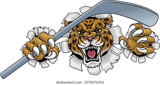 A jaguar, panther, leopard or cheetah wildcat spotted cat hockey sports team mascot holding an ice hockey stick