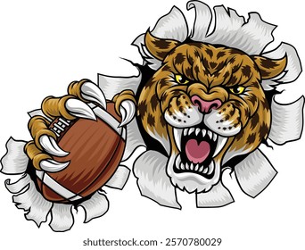 A jaguar, panther, leopard or cheetah wildcat spotted cat American football sports team mascot holding a ball