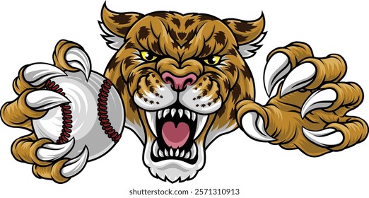 A jaguar, panther, leopard or cheetah wildcat spotted cat baseball team mascot holding a ball