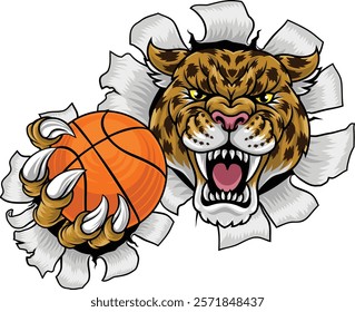 A jaguar, panther, leopard or cheetah wildcat spotted cat basketball sports team mascot holding a ball