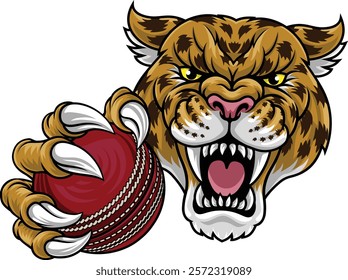 A jaguar, panther, leopard or cheetah wildcat spotted cat cricket sports team mascot holding a ball