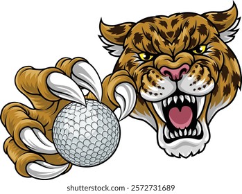 A jaguar, panther, leopard or cheetah wildcat spotted cat golf sports team mascot holding a ball