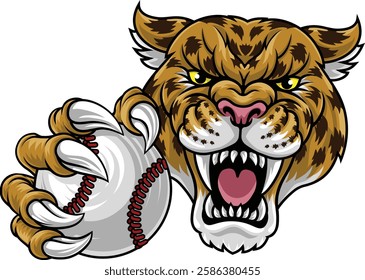 A jaguar, panther, leopard or cheetah wildcat spotted cat baseball team mascot holding a ball