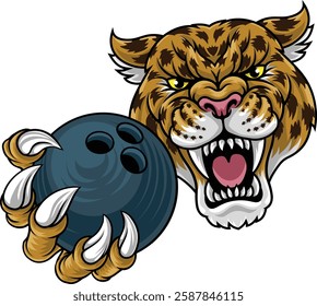 A jaguar, panther, leopard or cheetah wildcat spotted cat bowling sports team mascot holding a ball