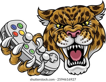 A jaguar, panther, leopard or cheetah wildcat spotted cat gamer sports mascot holding a video game controller