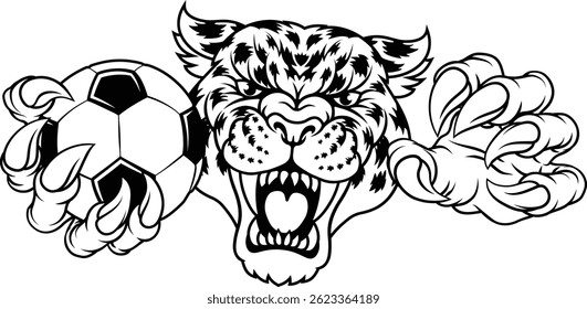 A jaguar, panther, leopard or cheetah wildcat spotted cat soccer football sports team mascot holding a ball