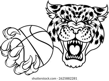 A jaguar, panther, leopard or cheetah wildcat spotted cat basketball sports team mascot holding a ball