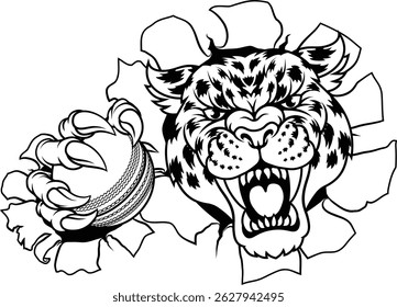 A jaguar, panther, leopard or cheetah wildcat spotted cat cricket sports team mascot holding a ball