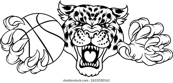 A jaguar, panther, leopard or cheetah wildcat spotted cat basketball sports team mascot holding a ball