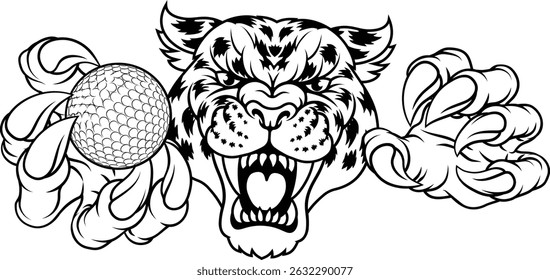 A jaguar, panther, leopard or cheetah wildcat spotted cat golf sports team mascot holding a ball