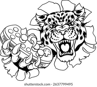 A jaguar, panther, leopard or cheetah wildcat spotted cat gamer sports mascot holding a video game controller