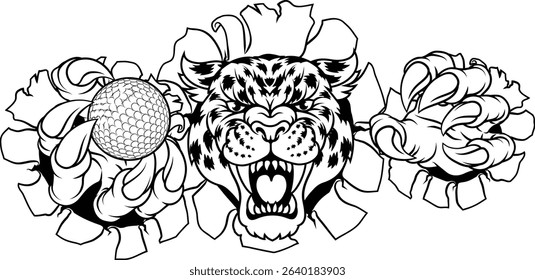 A jaguar, panther, leopard or cheetah wildcat spotted cat golf sports team mascot holding a ball