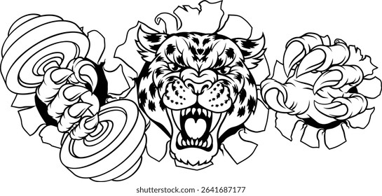 A jaguar, panther, leopard or cheetah wildcat spotted cat weight lifting dumbbell gym sports mascot 