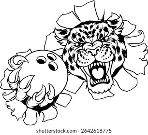 A jaguar, panther, leopard or cheetah wildcat spotted cat bowling sports team mascot holding a ball
