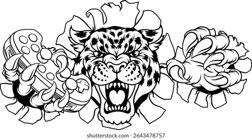 A jaguar, panther, leopard or cheetah wildcat spotted cat gamer sports mascot holding a video game controller