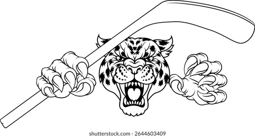 A jaguar, panther, leopard or cheetah wildcat spotted cat hockey sports team mascot holding an ice hockey stick