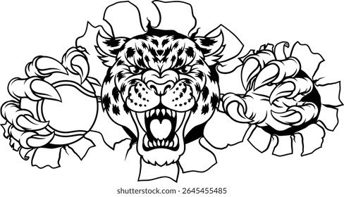 Uma onça-pintada, pantera, leopardo ou chita gato selvagem manchado gato tênis equipe mascote segurando uma bola