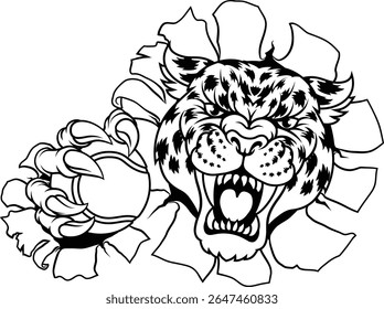 Uma onça-pintada, pantera, leopardo ou chita gato selvagem manchado gato tênis equipe mascote segurando uma bola