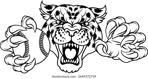 A jaguar, panther, leopard or cheetah wildcat spotted cat baseball or softball team mascot holding a ball