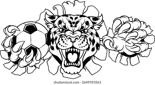 A jaguar, panther, leopard or cheetah wildcat spotted cat soccer football sports team mascot holding a ball