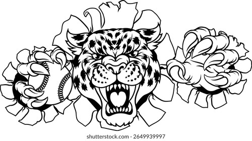 A jaguar, panther, leopard or cheetah wildcat spotted cat baseball or softball team mascot holding a ball