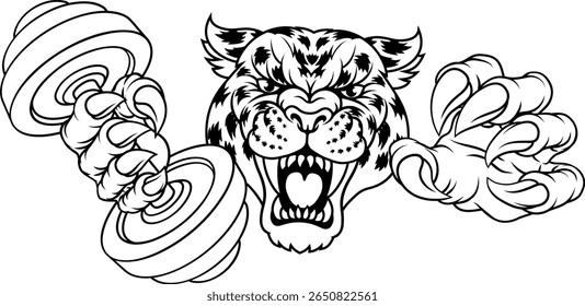 A jaguar, panther, leopard or cheetah wildcat spotted cat weight lifting dumbbell gym sports mascot 