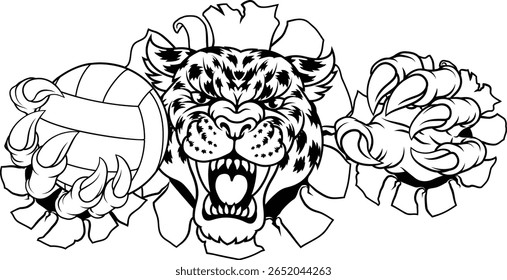 Uma onça-pintada, pantera, leopardo ou chita gato selvagem macaco mascote da equipe de esportes de vôlei segurando uma bola