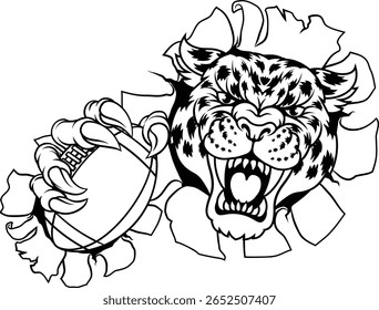 Uma onça-pintada, pantera, leopardo ou chita gato selvagem avistado mascote do time de esportes de futebol americano segurando uma bola