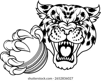 Um jaguar, pantera, leopardo ou chita gato selvagem manchado mascote do time de críquete esportes segurando uma bola