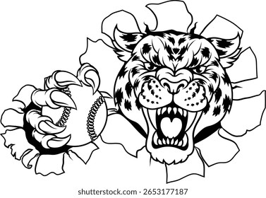 Um jaguar, pantera, leopardo ou chita gato selvagem macaco beisebol ou mascote do time de softball segurando uma bola
