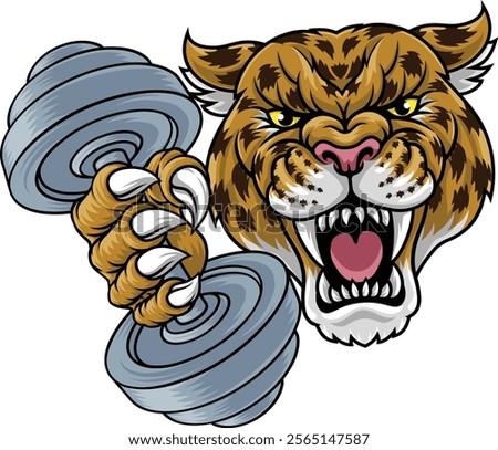 A jaguar, panther, leopard or cheetah wildcat spotted cat weight lifting dumbbell gym sports mascot 
