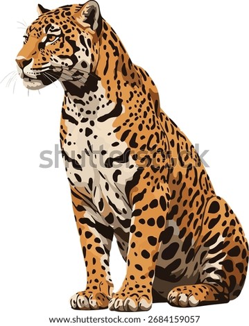 Jaguar (Panthera onca) Sitting Alert Observing the Surroundings: Vector Illustration of a Vigilant Big Cat in the Tropics