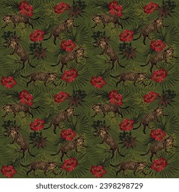 Jaguar pattern on a tropical floral background. 