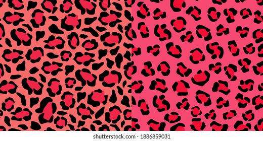 Jaguar pink tracery seamless pattern. Puma crimson spots with black cheetah outlines in vivid scheme red leopard vector color.