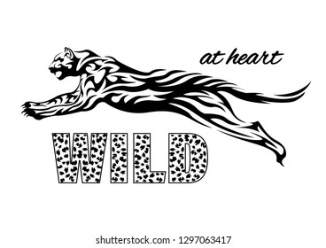 jaguar print t-shirt. Spotted slogan, lettering  wild at heart. Tribal pattern style vector Illustration