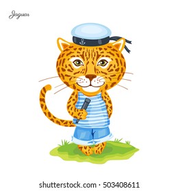 Jaguar sailor in cap with spyglass on green grass isolated on white background, Vector cartoon cute illustration, Character design for greeting card, children invitation, element pattern wallpaper