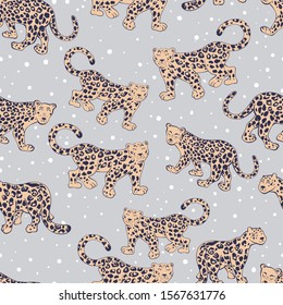 Jaguar seamles pattern. Cute design for birthdays cards, childish posters, fabric design, paper, textiles, background, stickers, greeting, planner,  diary,  t-shirt print design. Vector illustration.