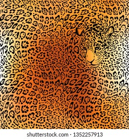 Jaguar seamless pattern with animal head. Natural color. Fabric, wallpaper, scrapbooking.