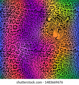 Jaguar seamless pattern with animal head. Rainbow colors. Fabric, wallpaper, scrapbooking.