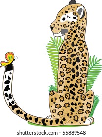 A Jaguar is sitting and looking at a butterfly on his tail. He is shaped like the letter J