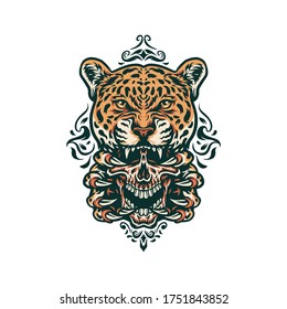 Jaguar and skull, hand drawn line with digital color, vector illustration