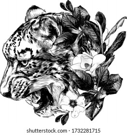Jaguar snout snarl in profile round composition decorated with flowers and leaves of Magnolia and rosehip, sketch vector graphics monochrome illustration on a white background