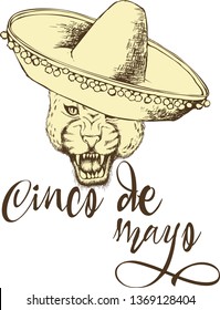 Jaguar in sombrero. Vector illustration with design for Mexican holiday 5 may Cinco De Mayo. Vector template with traditional Mexican symbols 