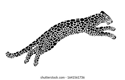 Jaguar spotted silhouette in a jump. Vector wildcat animal graphic illustration. Black isolated on white background.