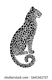 Jaguar Spotted Silhouette. Vector Sitting Wildcat Graphic Illustration. Black Isolated On White Background.