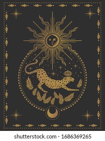 jaguar, sun and moon, magical vector illustration, tarot cards symbol, alchemy