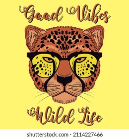 Jaguar with sunglasses good vibes wildlife vector t-shirt fashion design 