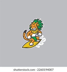 Jaguar Surfing with Aztec Style Logo Vector Design