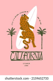 Jaguar surfing. California jaguar holding surfboard with palm-trees on pink background. Hand drawn wild animal silkscreen vintage typography t-shirt print vector illustration.