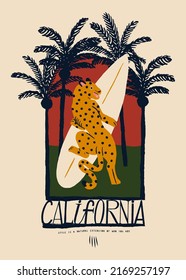 Jaguar Surfing. Jaguar holding surfboard in the palm-tree jungle. California surfing vintage typography t-shirt print.